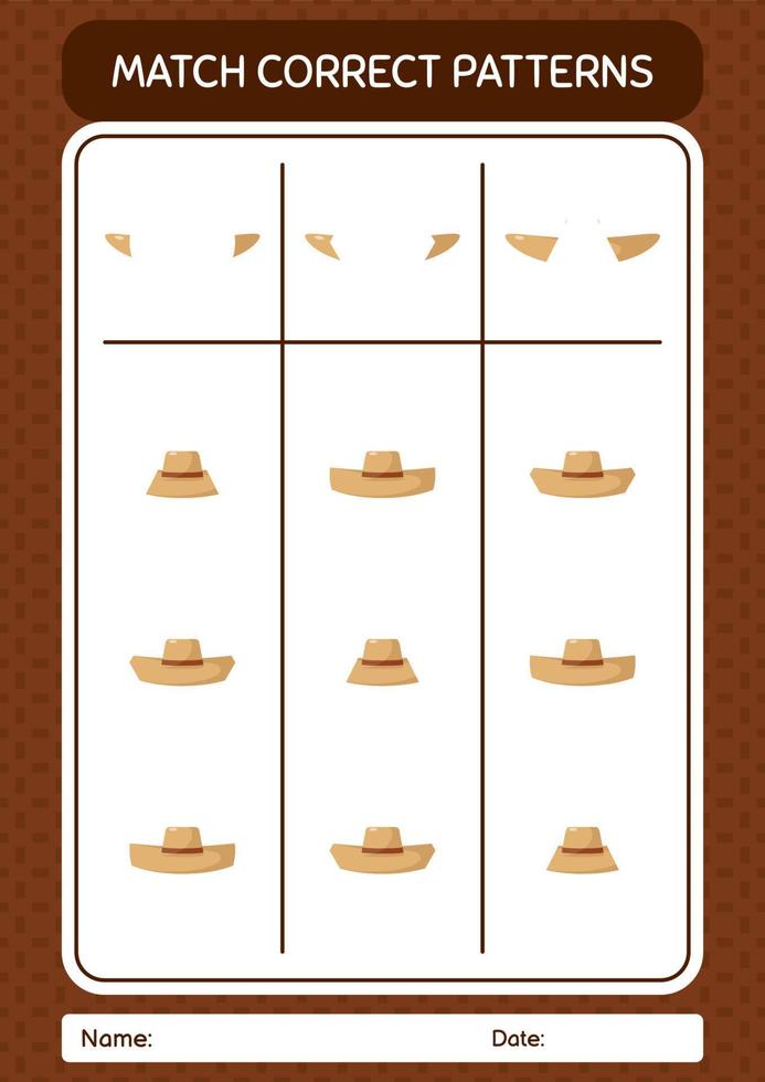 Match pattern game with straw hat. worksheet for preschool kids, kids activity sheet vector