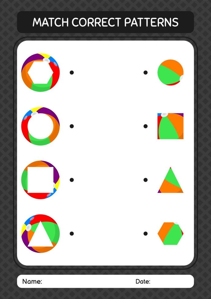 Match pattern game with beach ball. worksheet for preschool kids, kids activity sheet vector