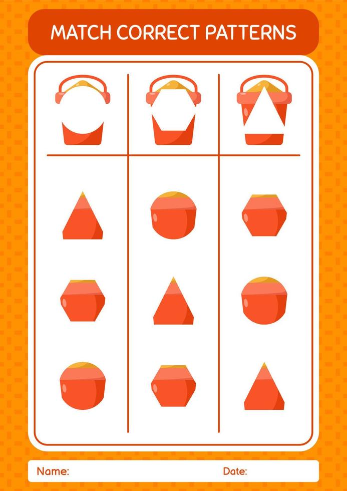 Match pattern game with sand bucket. worksheet for preschool kids, kids activity sheet vector