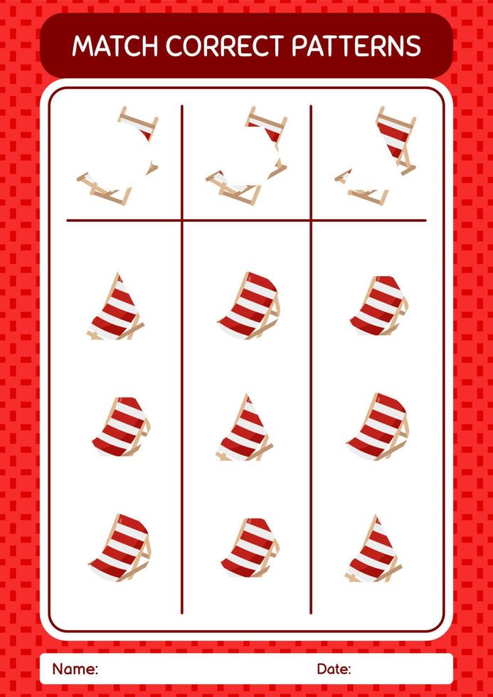 Match pattern game with beach bench. worksheet for preschool kids, kids activity sheet vector