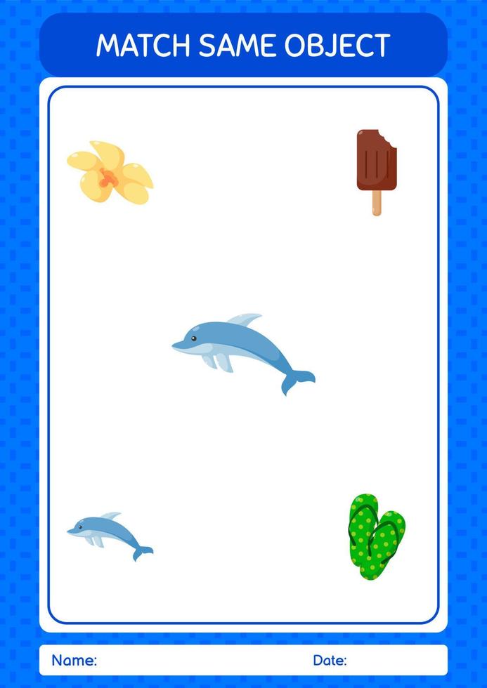 Match with same object game summer icon. worksheet for preschool kids, kids activity sheet vector