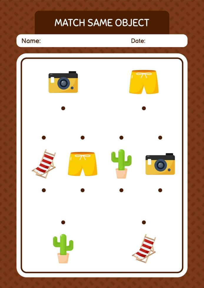 Match with same object game summer icon. worksheet for preschool kids, kids activity sheet vector