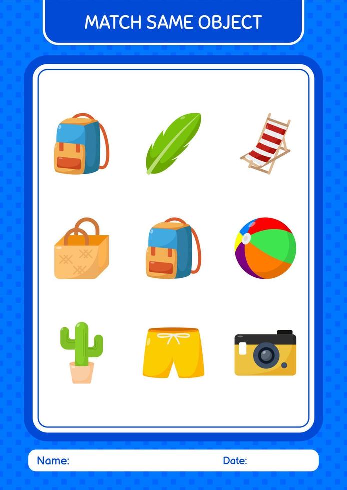 Match with same object game summer icon. worksheet for preschool kids, kids activity sheet vector