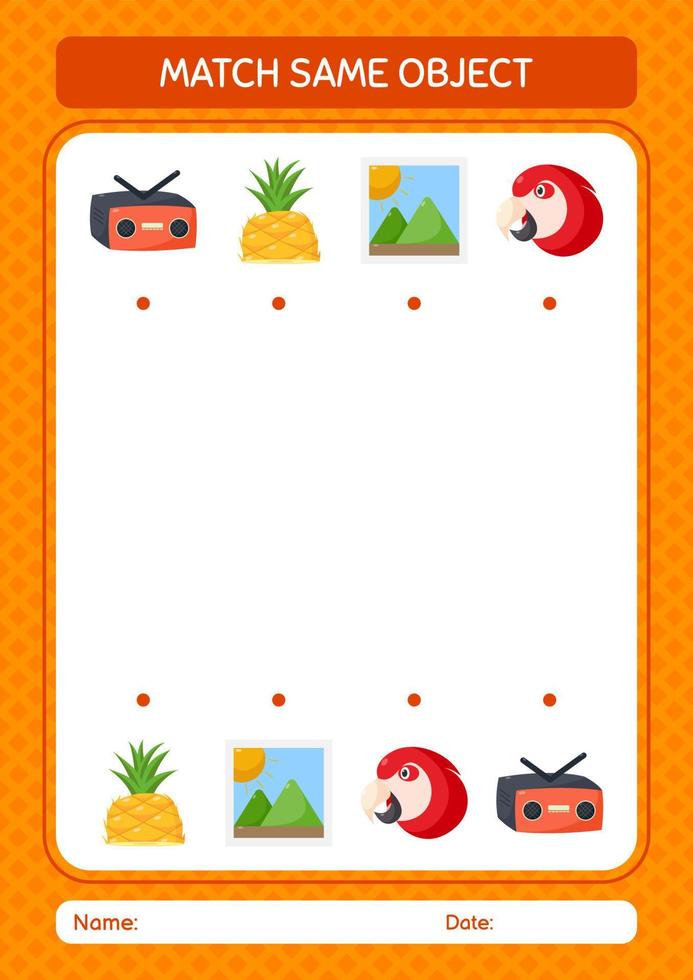 combinar con el mismo icono de verano del juego de objetos. hoja de trabajo para niños en edad preescolar, hoja de actividades para niños vector