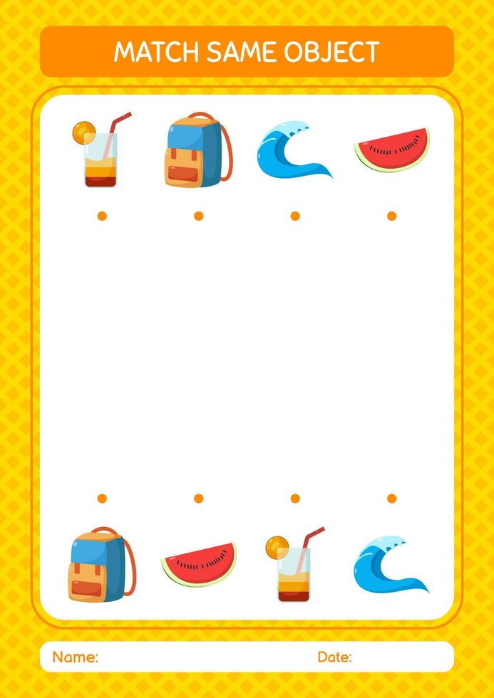 Match with same object game summer icon. worksheet for preschool kids, kids activity sheet vector