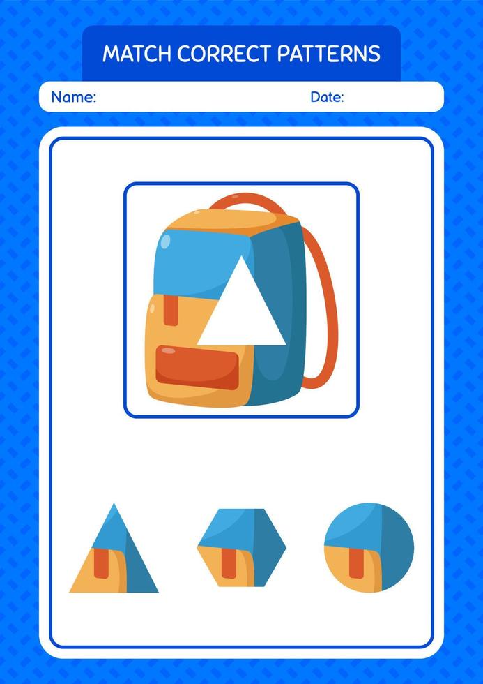 Match pattern game with backpack. worksheet for preschool kids, kids activity sheet vector