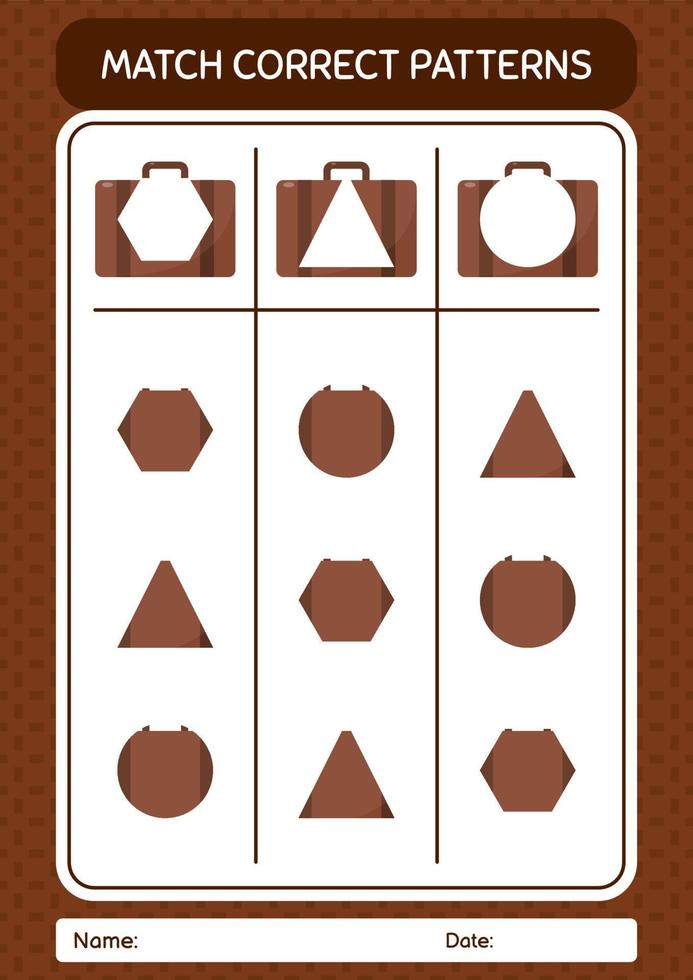 Match pattern game with suitcase. worksheet for preschool kids, kids activity sheet vector