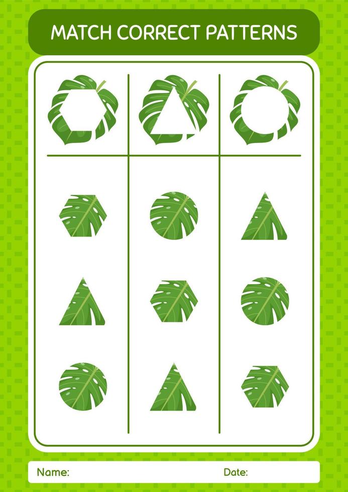 Match pattern game with monstera leaf. worksheet for preschool kids, kids activity sheet vector