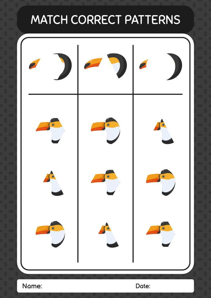 Match pattern game with toucan. worksheet for preschool kids, kids activity sheet vector