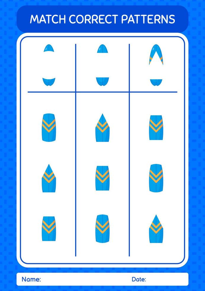 Match pattern game with surfboard. worksheet for preschool kids, kids activity sheet vector