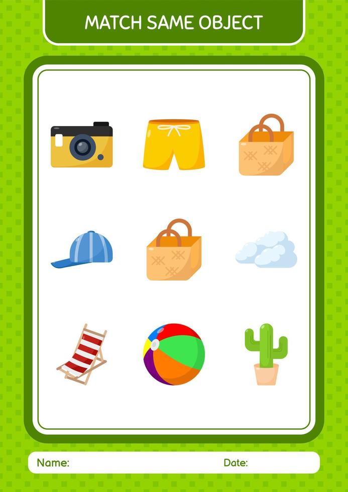 Match with same object game summer icon. worksheet for preschool kids, kids activity sheet vector