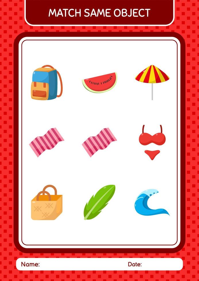 Match with same object game summer icon. worksheet for preschool kids, kids activity sheet vector