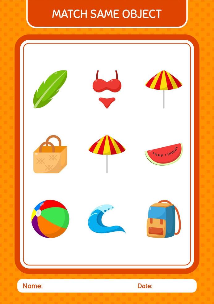 Match with same object game summer icon. worksheet for preschool kids, kids activity sheet vector