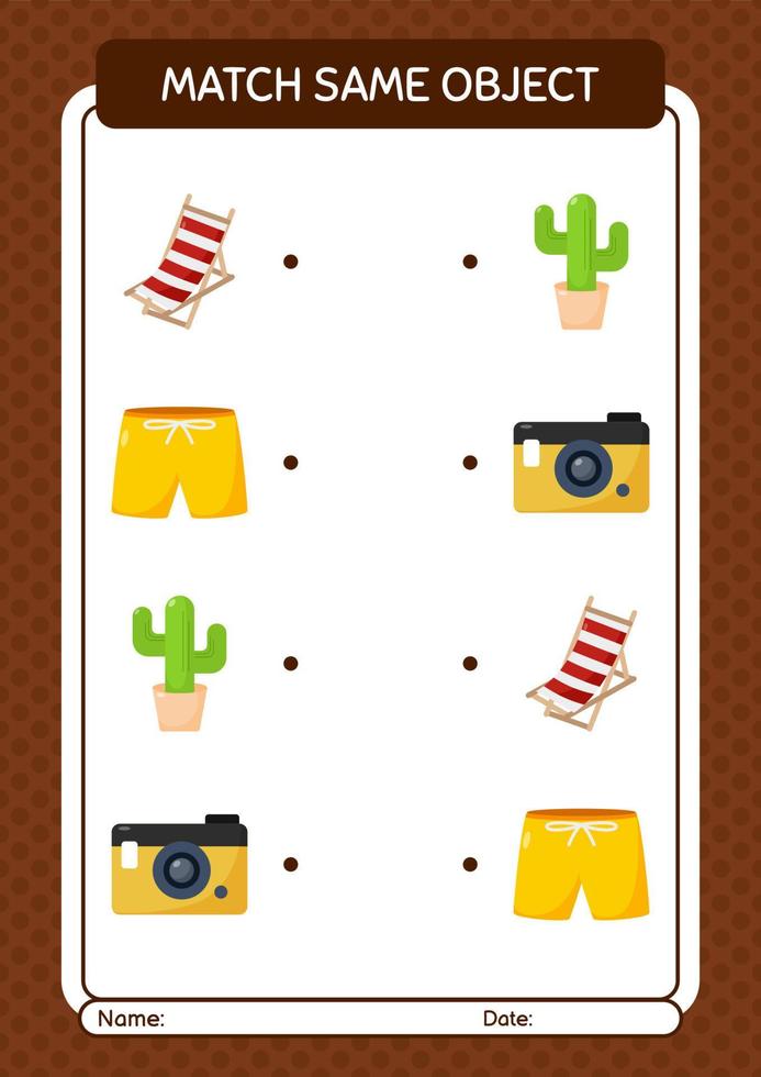 Match with same object game summer icon. worksheet for preschool kids, kids activity sheet vector