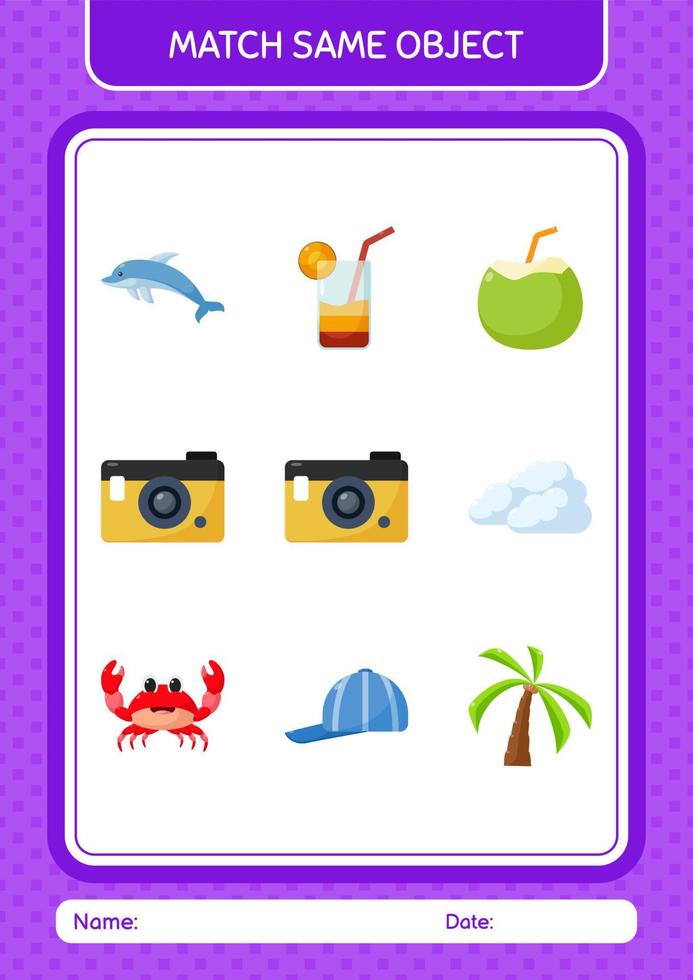 Match with same object game summer icon. worksheet for preschool kids, kids activity sheet vector