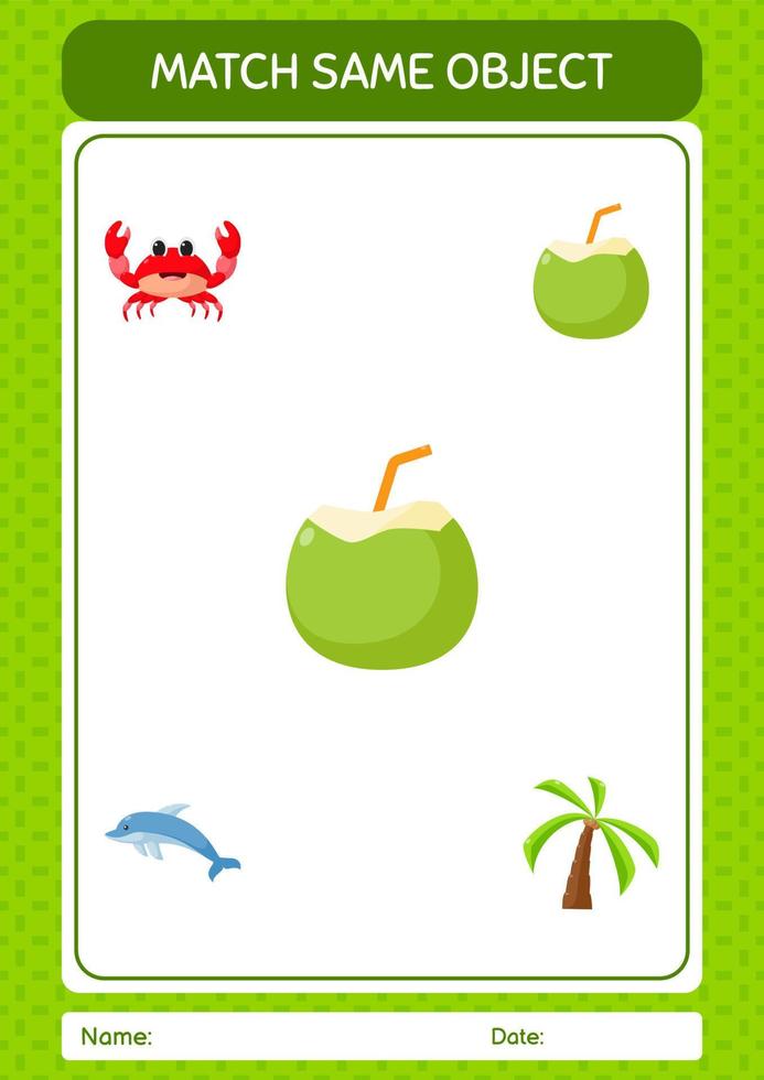 Match with same object game summer icon. worksheet for preschool kids, kids activity sheet vector