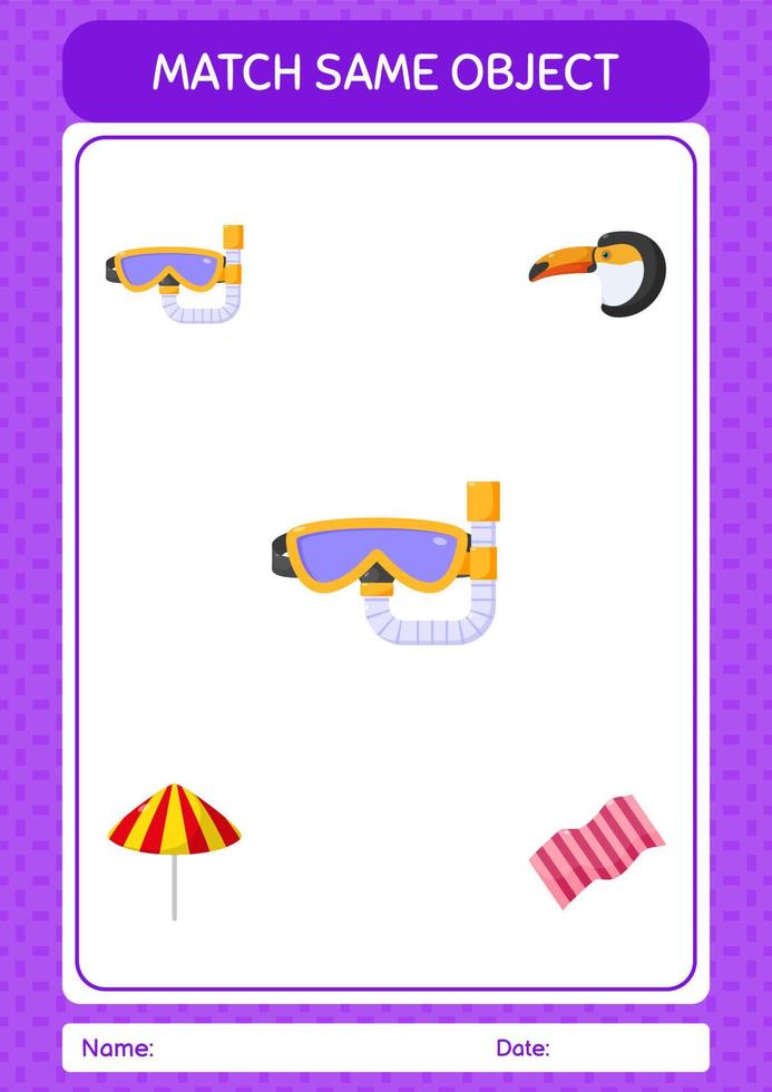 Match with same object game summer icon. worksheet for preschool kids, kids activity sheet vector