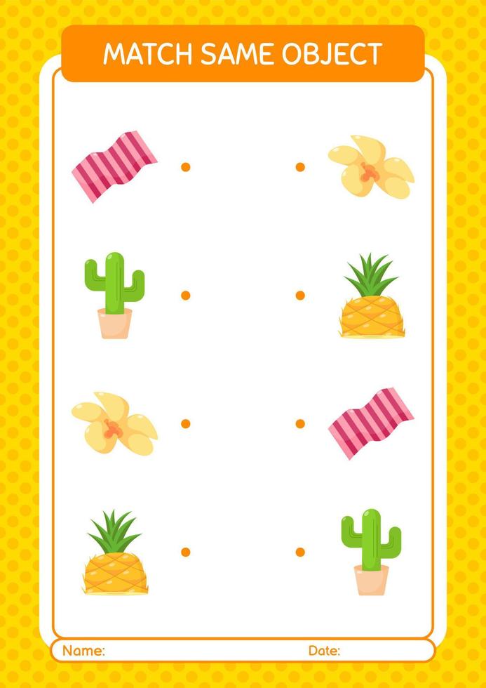 Match with same object game summer icon. worksheet for preschool kids, kids activity sheet vector