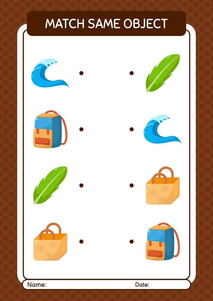 Match with same object game summer icon. worksheet for preschool kids, kids activity sheet vector