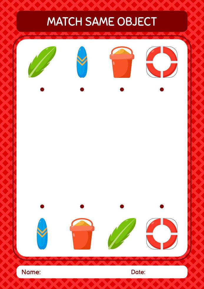 Match with same object game summer icon. worksheet for preschool kids, kids activity sheet vector