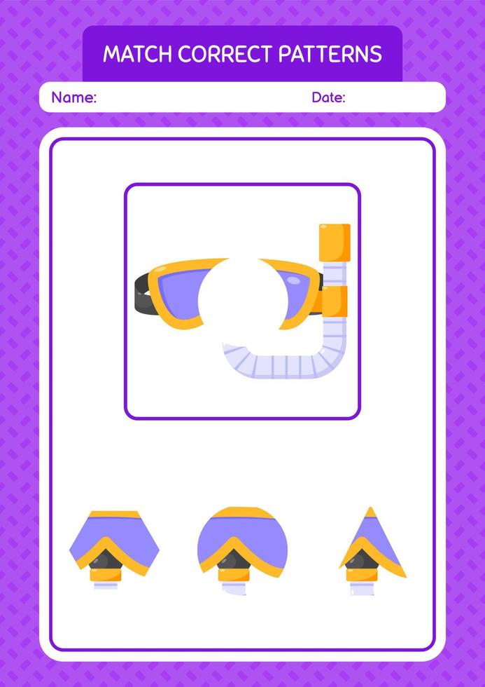 Match pattern game with swimming goggles. worksheet for preschool kids, kids activity sheet vector