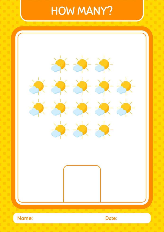 How many counting game with sun. worksheet for preschool kids, kids activity sheet vector