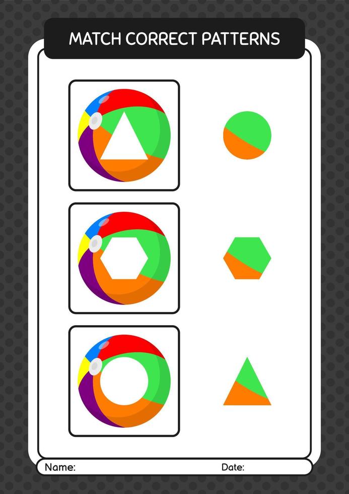 juego de patrón de coincidencia con pelota de playa. hoja de trabajo para niños en edad preescolar, hoja de actividades para niños vector