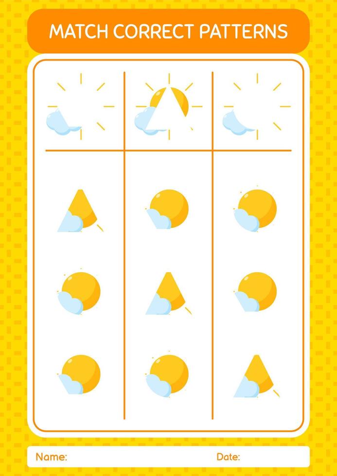 Match pattern game with sun. worksheet for preschool kids, kids activity sheet vector