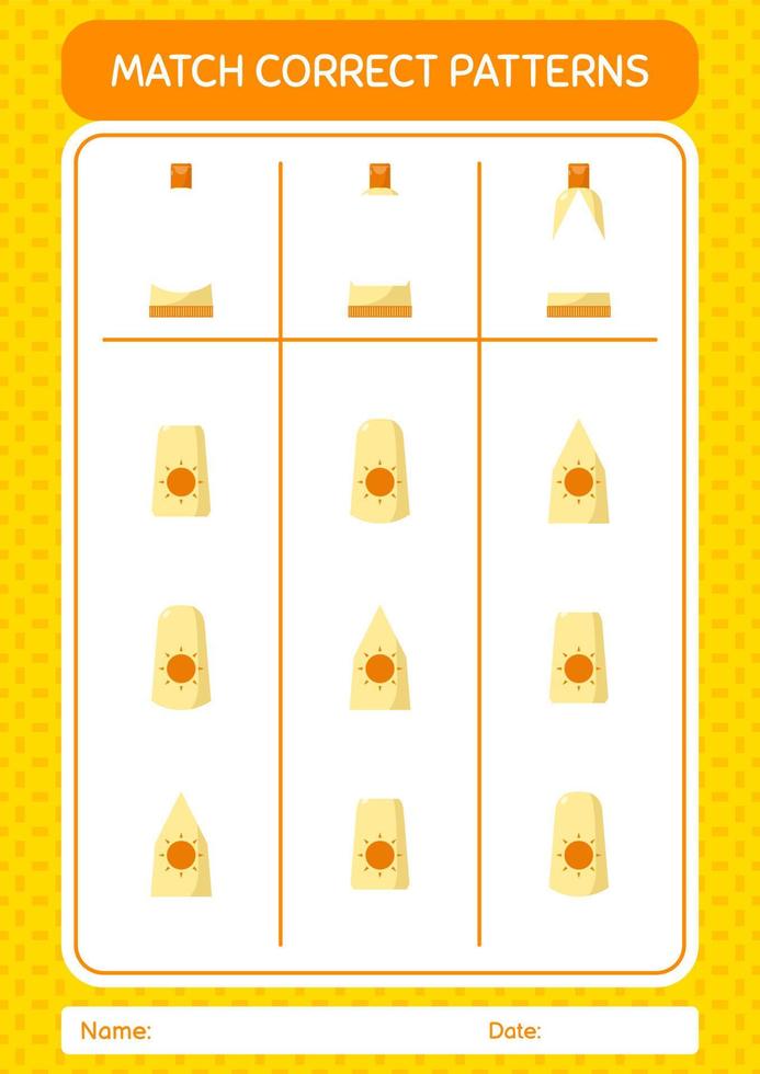 Match pattern game with sunblock. worksheet for preschool kids, kids activity sheet vector