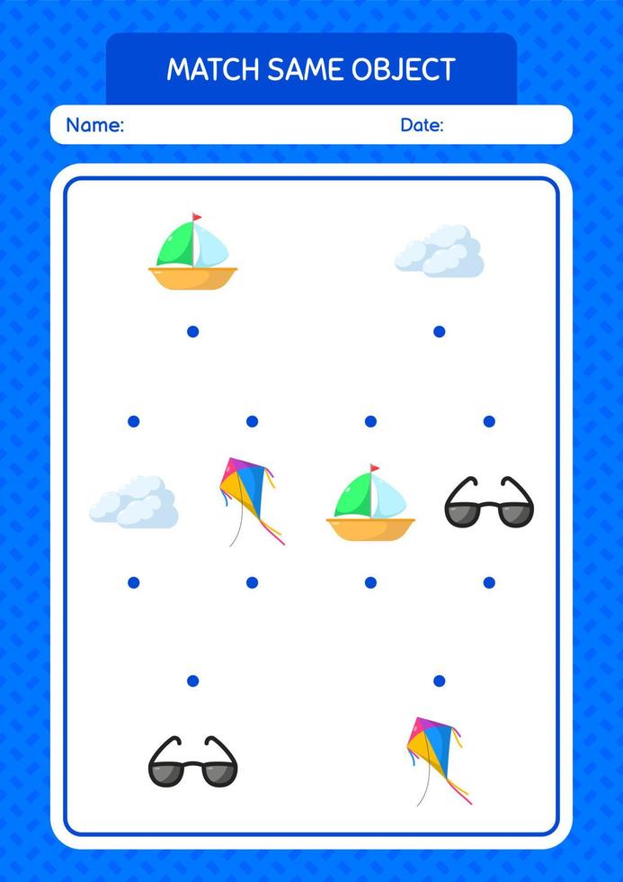 Match with same object game summer icon. worksheet for preschool kids, kids activity sheet vector