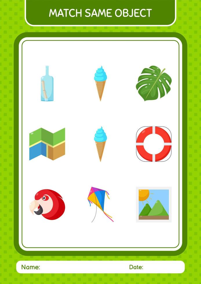 Match with same object game summer icon. worksheet for preschool kids, kids activity sheet vector