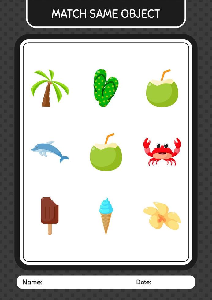 Match with same object game summer icon. worksheet for preschool kids, kids activity sheet vector