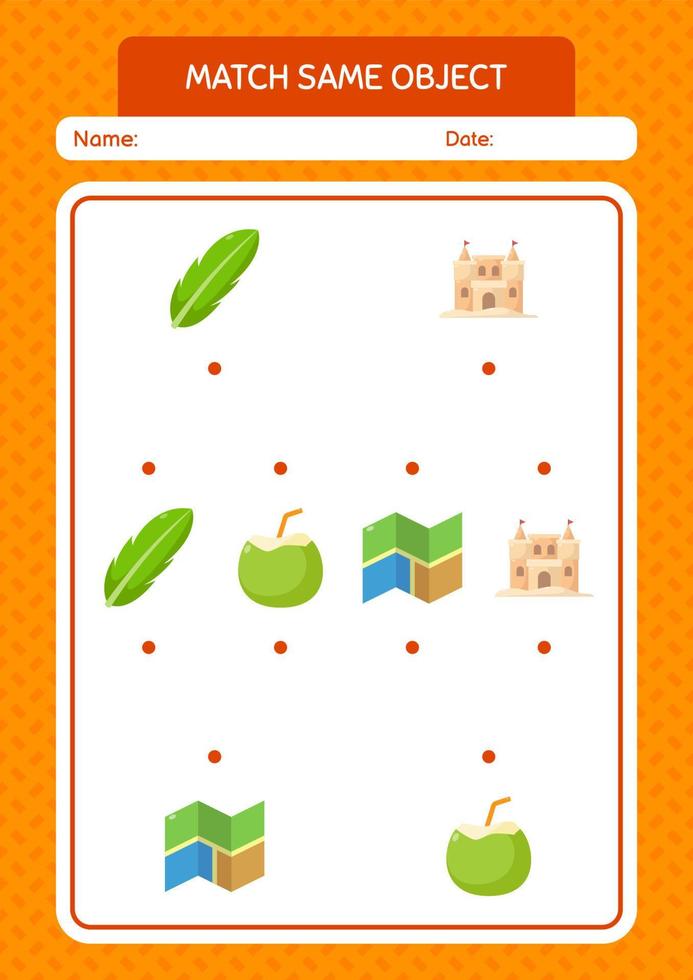 Match with same object game summer icon. worksheet for preschool kids, kids activity sheet vector