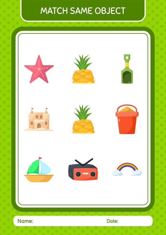 Match with same object game summer icon. worksheet for preschool kids, kids activity sheet vector