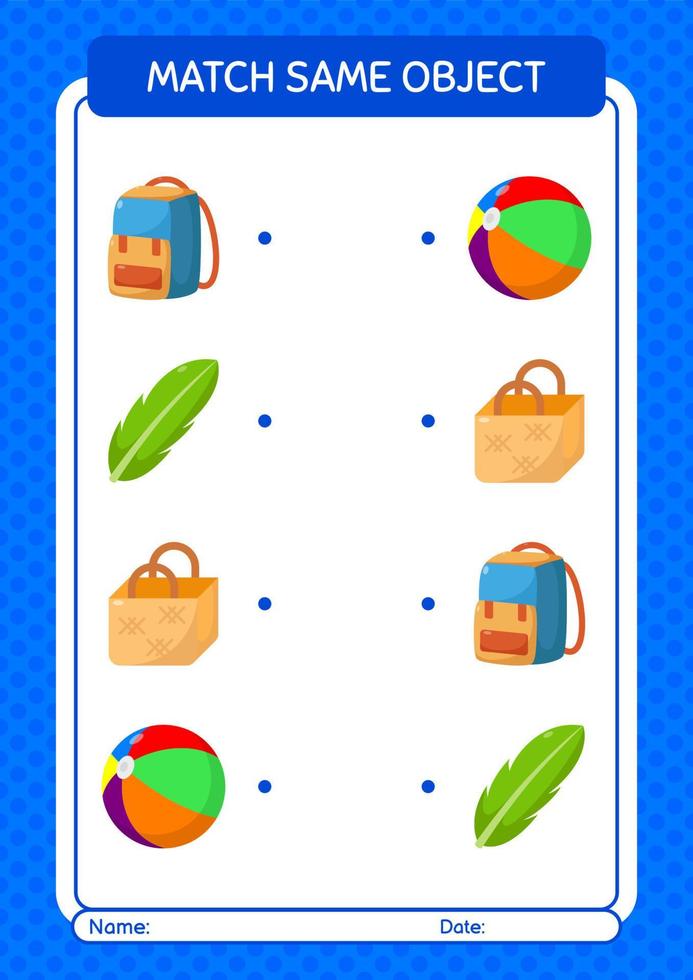 Match with same object game summer icon. worksheet for preschool kids, kids activity sheet vector