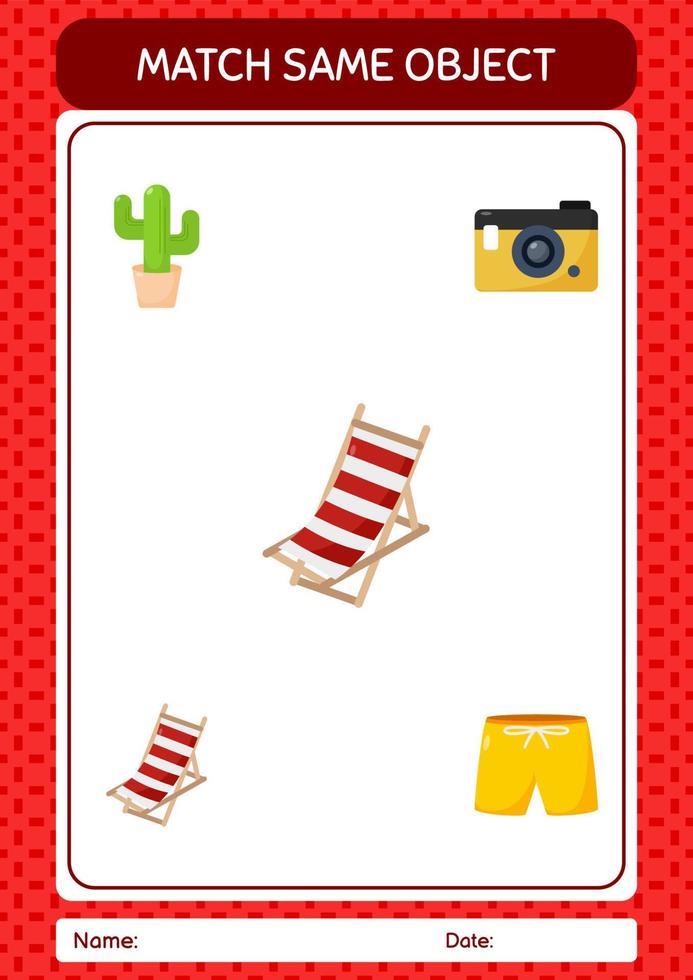 Match with same object game summer icon. worksheet for preschool kids, kids activity sheet vector