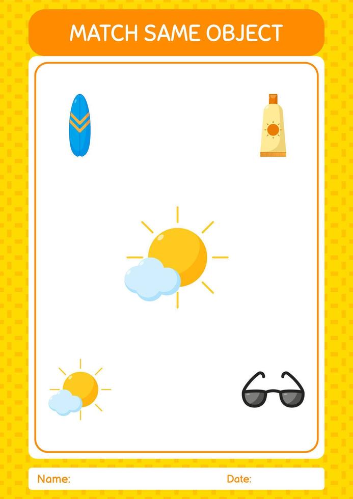 Match with same object game summer icon. worksheet for preschool kids, kids activity sheet vector