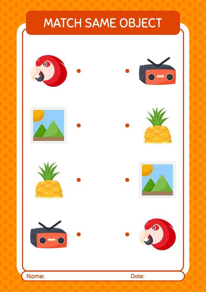 Match with same object game summer icon. worksheet for preschool kids, kids activity sheet vector