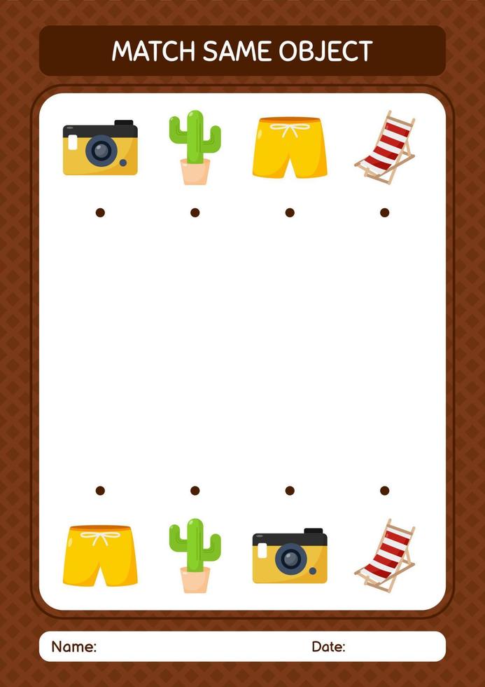 Match with same object game summer icon. worksheet for preschool kids, kids activity sheet vector