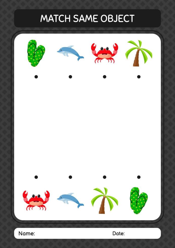 Match with same object game summer icon. worksheet for preschool kids, kids activity sheet vector