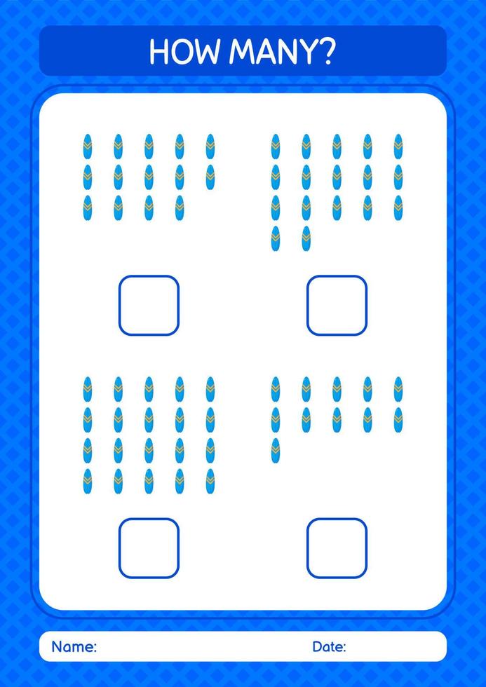 How many counting game with surfboard. worksheet for preschool kids, kids activity sheet vector