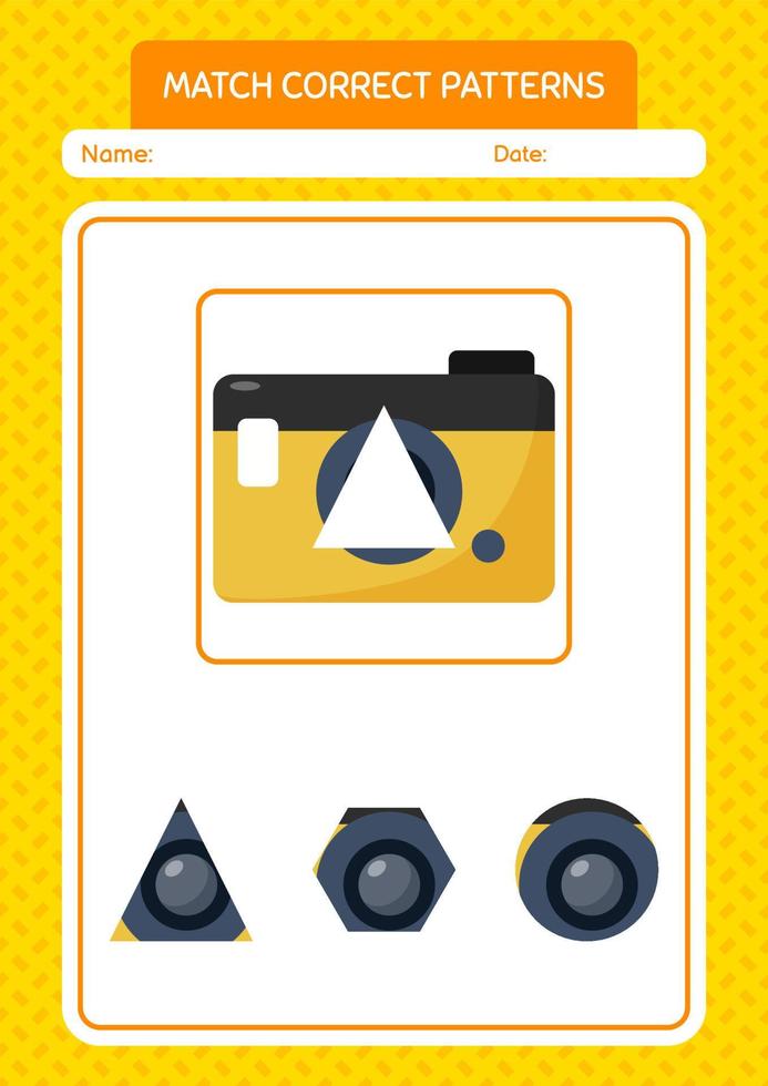 Match pattern game with camera. worksheet for preschool kids, kids activity sheet vector