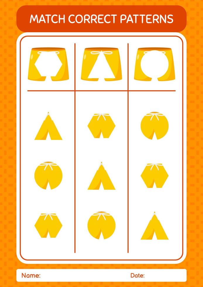 Match pattern game with beach short. worksheet for preschool kids, kids activity sheet vector