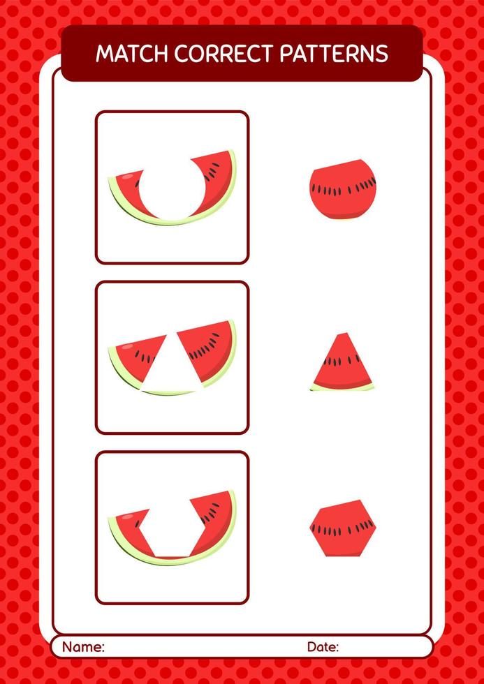 Match pattern game with watermelon. worksheet for preschool kids, kids activity sheet vector