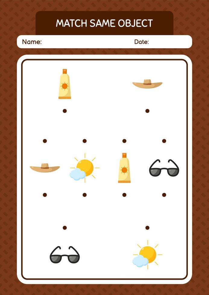 Match with same object game summer icon. worksheet for preschool kids, kids activity sheet vector