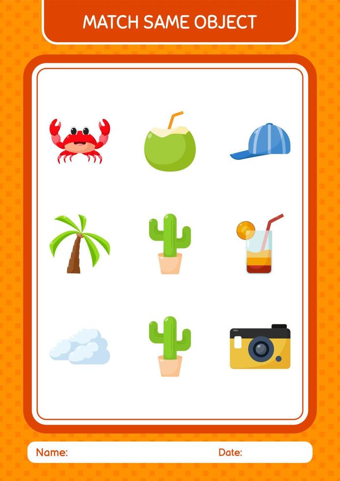 Match with same object game summer icon. worksheet for preschool kids, kids activity sheet vector