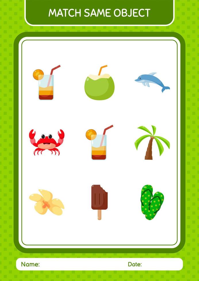 Match with same object game summer icon. worksheet for preschool kids, kids activity sheet vector