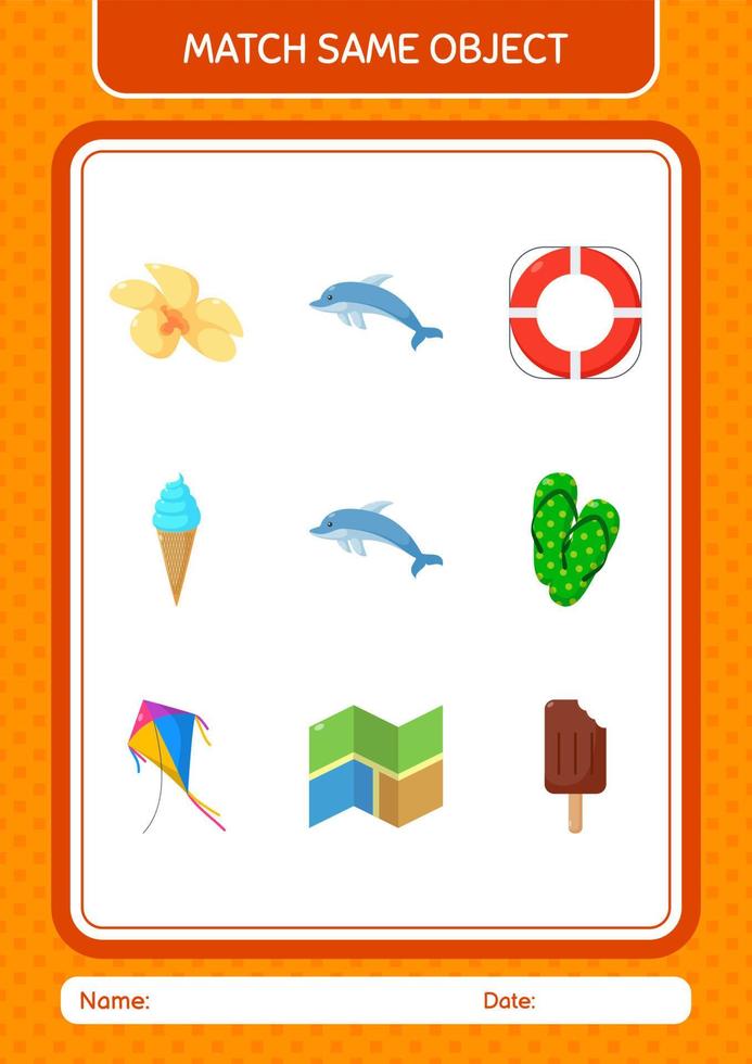 Match with same object game summer icon. worksheet for preschool kids, kids activity sheet vector