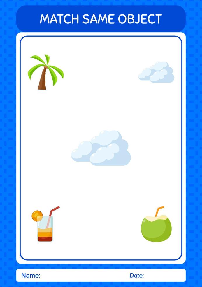 Match with same object game summer icon. worksheet for preschool kids, kids activity sheet vector