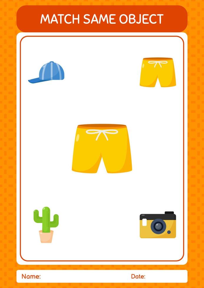 Match with same object game summer icon. worksheet for preschool kids, kids activity sheet vector